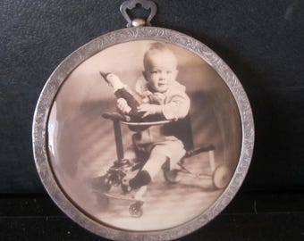 Early 20th Century Child on 4 Wheel Trike Framed in Round Convex Bubble Glass