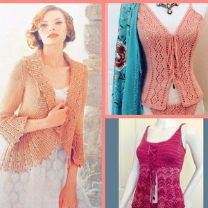 Puede incluir: Tres tops de crochet en diferentes colores y estilos. El primero es una chaqueta de color melocotón con cuello chal y mangas acampanadas. El segundo es un top de tirantes de color melocotón con un patrón de encaje y un lazo en el escote. El tercero es un top de tirantes rosa con un patrón de encaje y un lazo en el escote.