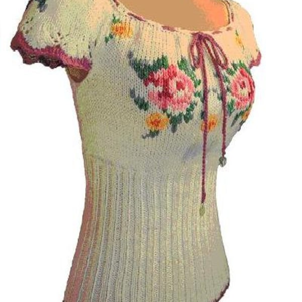 Frida Blouse/Tee Knitting Embroidered Floral Knitting Pattern-PDF