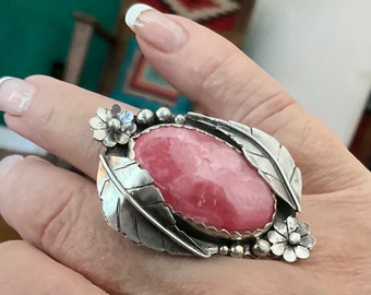 Boho Floral Sterling and Pink Rhodochrosite Ring