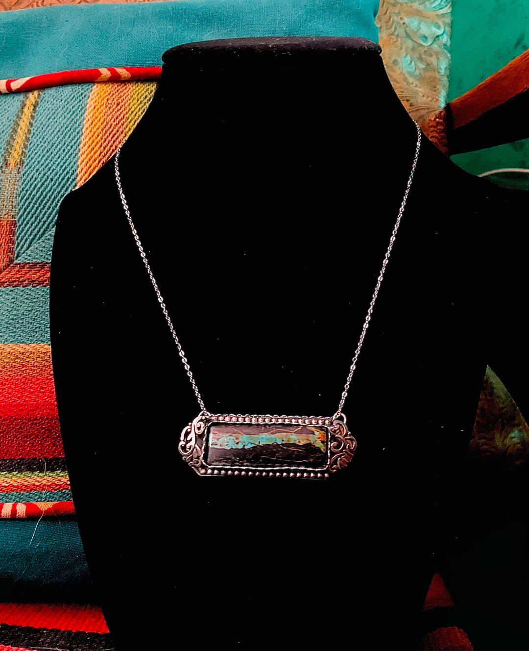 Sterling and Blackjack Turquoise Bar Necklace Etsy