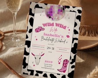 Wild Wild Wife Invitation Canva Template, Disco Cowgirl Bachelorette Printable Invite
