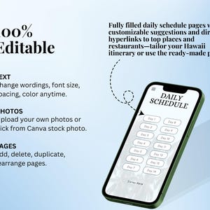 K&ouml;nnte beinhalten: Ein Handy-Bildschirm zeigt eine Vorlage f&uuml;r einen Tagesplan mit anpassbaren Vorschl&auml;gen und Hyperlinks. Der Text "DAILY SCHEDULE" befindet sich oben auf dem Bildschirm. Die Vorlage umfasst 14 Tage mit Platz zum Hinzuf&uuml;gen von Text und Fotos. Der Text "100% Editable" befindet sich in der oberen linken Ecke des Bildes. Der Text "TEXT, PHOTOS, PAGES" befindet sich auf der linken Seite des Bildes mit H&auml;kchen neben jedem Wort.