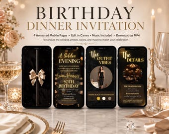 50th Birthday Dinner Party Invitation, Black Gold Animated Canva Video Evite, Digital Elegant Adult Birthday Invite