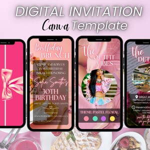 Digitale Geburtstags-Rosa-Brunch-Einladung, Blumen-Brunch-Telefonnachricht Evite, animierte Einladung, bearbeitbare Brunch-Party-Digital-Video-Einladung