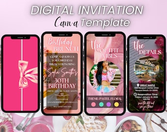 Digital Birthday Pink Brunch Invitation, Floral Brunch Phone Message Evite, Animated Invitation, Editable Brunch Party Digital Video Invite