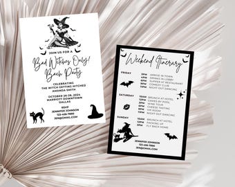Bad Witches Only Bachelorette Party Invitation & Itinerary Template, Witchy Bachelorette Itinerary Halloween Bach Weekend Invite Girls Night