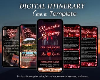 Surprise Anniversary Trip Announcement, Romantic Weekend Getaway Itinerary for Couples (Canva Template)