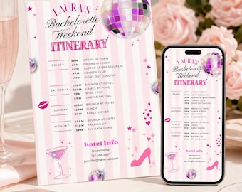 Pink Bachelorette Weekend Mobile Itinerary, Bridal Party Schedule Template, Girls Weekend Agenda