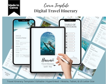 Hawaii reisschema bewerkbare canva-sjabloon, bewerkbare reisplanner voor Hawaii, digitaal reisschema naar Hawaii