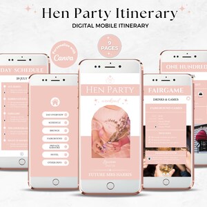 以下が含まれることがあります： ヘンパーティーの週末のためのデジタルモバイル旅程。旅程には、1日のスケジュール、遊園地のゲーム、飲み物とゲーム、交通機関が含まれています。旅程はCanvaでパーソナライズされており、9ページあります。