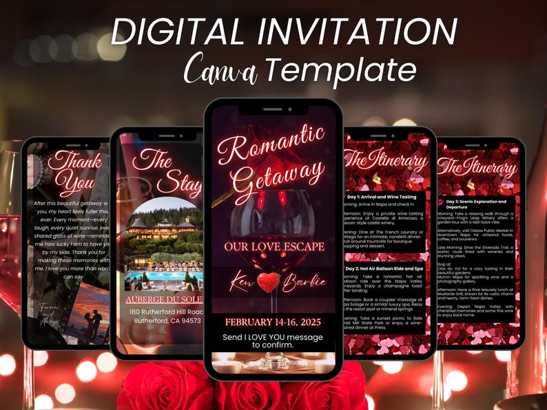 May include: A digital invitation for a romantic getaway. The invitation features a red wine glass with the text "Romantic Getaway" and "Our Love Escape". The invitation also includes the names "Ken" and "Barbie" and the dates "February 14-16, 2025".