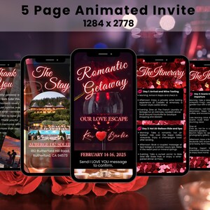 May include: Five-page animated invitation for a romantic getaway. The invitation features a red and white color scheme with hearts, a glass of wine, and a couple's names, Ken and Barbie. The itinerary includes a hot air balloon ride, wine tasting, and spa treatments. The invitation is for a stay at Auberge du Soleil in Rutherford, California, from February 14-16, 2025.
