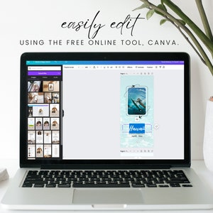 K&ouml;nnte beinhalten: Ein Laptop-Computer, auf dem eine Canva-Designvorlage f&uuml;r einen Social-Media-Beitrag angezeigt wird. Die Vorlage zeigt ein Foto einer Person, die im Meer surft, mit dem Text "Hawaii" und "North Shore" auf blauem Hintergrund.
