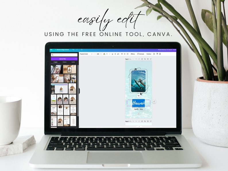 K&ouml;nnte beinhalten: Ein Laptop-Computer, auf dem eine Canva-Designvorlage f&uuml;r einen Social-Media-Beitrag angezeigt wird. Die Vorlage zeigt ein Foto einer Person, die im Meer surft, mit dem Text "Hawaii" und "North Shore" auf blauem Hintergrund.