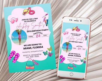 Modello di invito per le vacanze di compleanno, invito per il viaggio della ragazza del compleanno, invito per il programma delle vacanze, invito per la fuga del fine settimana, invito per la festa di viaggio