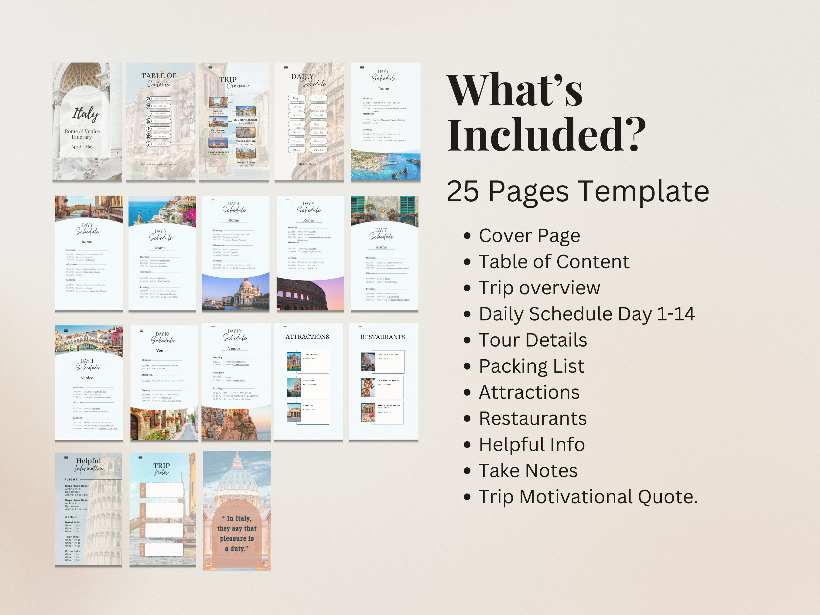 Italy Travel Itinerary Template, Printable Travel Guide, Trip Planner ...