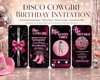 Disco Cowgirl Animated Birthday Invitation, Pink Western Canva Video Evite, Editable Adult Birthday Invite