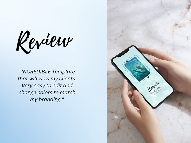 K&ouml;nnte beinhalten: Ein Handy-Mockup, das eine Reise-Reiseplanvorlage mit einem Foto einer Person zeigt, die im Meer surft. Die Vorlage tr&auml;gt den Titel "Hawaii" und enth&auml;lt den Text "Trend-Reiseplan April-Mai".