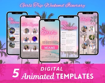 Digital Girls Trip Weekend Itinerary Template, Girls Trip Miami Vacation Schedule, Trip Itinerary, ANIMATED Travel Itinerary Birthday Invite