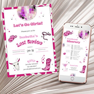 Lets Go Girls Bachelorette Nashville Invitation & Itinerary Template, Nash Bash Weekend Itinerary Disco Bachelorette Party Invite Last Rodeo