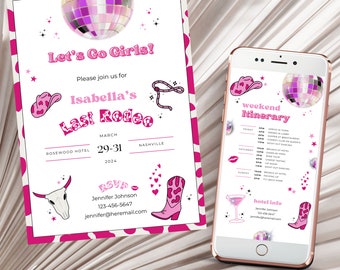 Nashville Bachelorette Invitation & Itinerary, Last Rodeo, Disco (Digital Template)