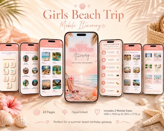 Girls Beach Trip Itinerary Template, Summer 2026 Pink Birthday Vacation Planner, Travel Itinerary