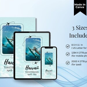K&ouml;nnte beinhalten: Ein digitales Mockup von drei unterschiedlich gro&szlig;en Telefonbildschirmen mit blauem und wei&szlig;em Hintergrund. Die Bildschirme zeigen einen Reiseplan f&uuml;r Hawaii mit dem Text "Hawaii Travel Itinerary April-May". Die Bildschirme sind von einem blau-wei&szlig;en, wellenf&ouml;rmigen Hintergrund umgeben.