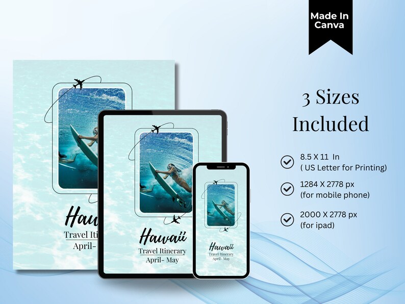K&ouml;nnte beinhalten: Ein digitales Mockup von drei unterschiedlich gro&szlig;en Telefonbildschirmen mit blauem und wei&szlig;em Hintergrund. Die Bildschirme zeigen einen Reiseplan f&uuml;r Hawaii mit dem Text "Hawaii Travel Itinerary April-May". Die Bildschirme sind von einem blau-wei&szlig;en, wellenf&ouml;rmigen Hintergrund umgeben.