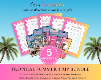 Tropical Summer Birthday Editable Bundle, Weekend Trip Itinerary, Party Games, Invite, Travel Checklist