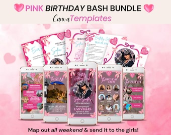Girls Weekend Birthday Trip Pink Bundle, Digital Itinerary, Printable Invites & Games