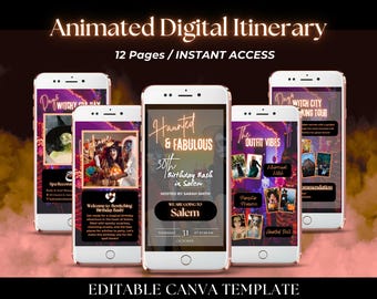 Girls Trip Salem Itinerary Template, Animated Halloween Birthday Trip Itinerary, Birthday Weekend Invite, Digital Schedule, Travel Itinerary