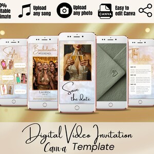 Puede incluir: Plantilla Canva de invitación de vídeo digital que se muestra en cinco teléfonos inteligentes. Los teléfonos muestran varios diseños, incluido un tema de despedida de soltera, un mensaje de guardar la fecha y un programa. La plantilla es 100% editable.