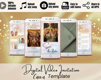 Bachelorette Save-the-Date Video Invitation, Editable Gold Bach Party Invite, Mobile Opening Envelope Template