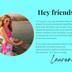 May include: A woman wearing a pink and blue patterned dress and sunglasses stands on a pier overlooking the ocean. The text "Hey friends!" and "Lauren x" is visible in the image.