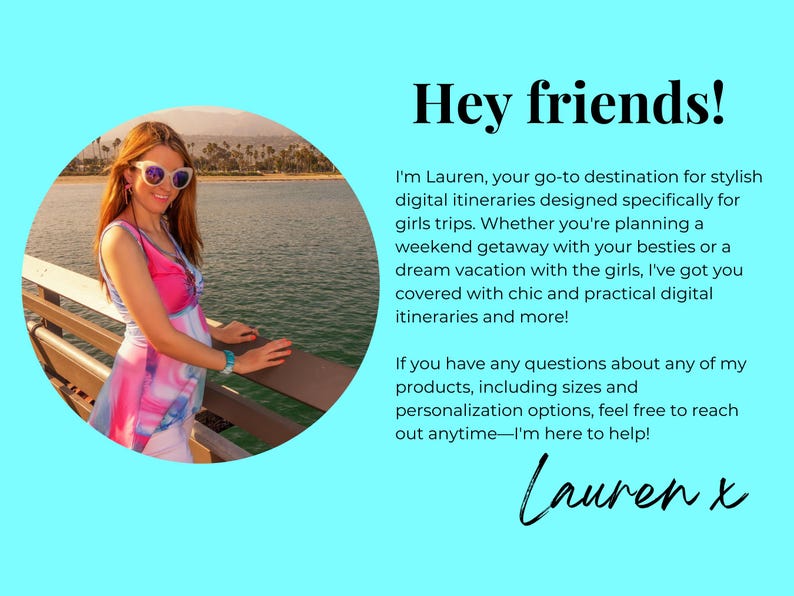 May include: A woman wearing a pink and blue patterned dress and sunglasses stands on a pier overlooking the ocean. The text "Hey friends!" and "Lauren x" is visible in the image.