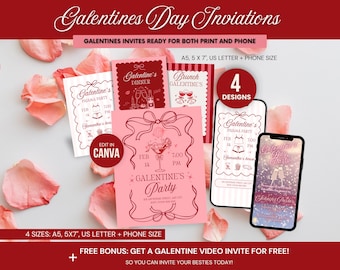 Galentine’s Party Invitation Bundle, 4 Editable Girls Night Celebration Invites for Friends (Canva)