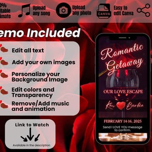 Romantic Getaway Itinerary Template, Date Night Weekend Getaway, Couples Trip Itinerary, Romantic Birthday Invitation, Animated Video Invite image 2