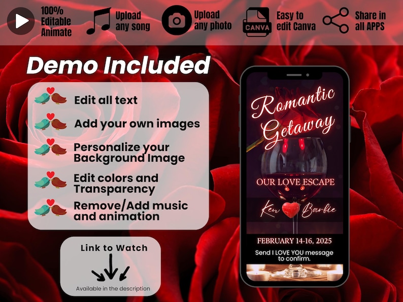 Romantic Getaway Itinerary Template, Date Night Weekend Getaway, Couples Trip Itinerary, Romantic Birthday Invitation, Animated Video Invite image 2