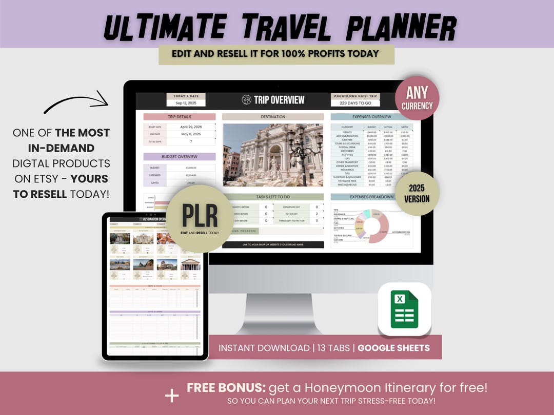 Ultimate Travel Planner Spreadsheet Google Sheets PLR | Editable Trip ...