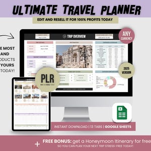 May include: A digital travel planner displayed on a computer monitor and tablet. The planner includes sections for trip details, budget, and tasks. Text on the screen reads "Ultimate Travel Planner" and "Instant Download". The image also includes the text "Edit and Resell It for 100% Profits Today".