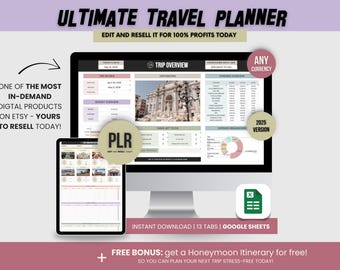 Ultimate Travel Planner Spreadsheet Google Sheets PLR | Editable Trip Budget, Itinerary, Packing Lists + PLR Resell Rights
