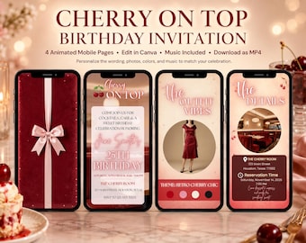 Cherry Bow Birthday Invitation Template, Editable Canva Party Invite, Cherry Theme Evite