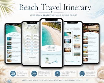 Mobile Beach Travel Itinerary Template, Editable Summer Vacation Planner for Families, Couples & Group Trips