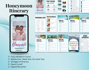 Hawaii Honeymoon Itinerary Template, Honeymoon Trip Planner, Romantic Getaway Itinerary, Hawaii Itinerary, Hawaii Honeymoon Vacation Planner
