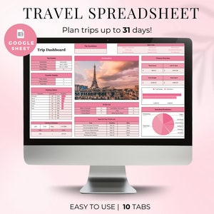 Puede incluir: Una pantalla de computadora que muestra una plantilla de hoja de cálculo de Google Sheet rosa y blanca para planificar viajes. La hoja de cálculo se titula "Travel Spreadsheet" e incluye pestañas para detalles del viaje, estado de empaque, listas de tareas y desgloses de gastos. La imagen también incluye el texto "Plan trips up to 31 days!" y "EASY TO USE | 10 TABS".