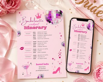 Pink Bachelorette Weekend Itinerary Template, Bridal Party Schedule, Editable Trip Planner
