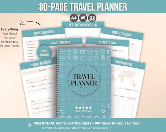 80-Page Ultimate Travel Planner Printable & Editable, Vacation Budget and Trip Itinerary Planner, Packing List Journal, Trip Organizer Canva