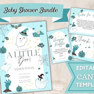 Editable A Little Boo Baby Shower Invitation Bundle, Boy Baby Shower Invitation Ghost Halloween Boy Baby Shower Invite Printable Little Boo