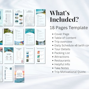 K&ouml;nnte beinhalten: Eine digitale druckbare Vorlage zur Planung einer Reise nach Hawaii. Die Vorlage enth&auml;lt ein Deckblatt, ein Inhaltsverzeichnis, einen Reise&uuml;berblick, einen Tagesplan, Tourdetails, eine Packliste, Attraktionen, Restaurants, hilfreiche Informationen, Notizen und ein motivierendes Zitat. Die Vorlage ist in einem blau-wei&szlig;en Farbschema gestaltet und zeigt Bilder von Hawaii.